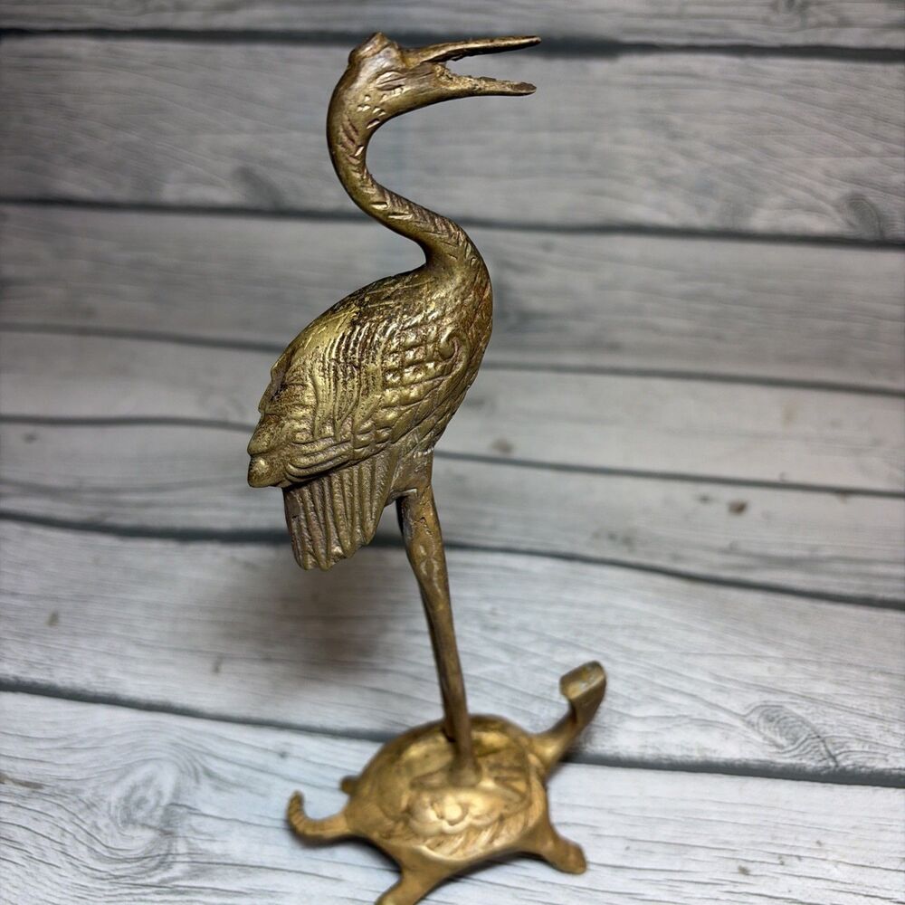Vintage EXQUISITELY HAND CARVED Solid Brass Crane Standing On Turtle Figurine 8” - Picture 4 of 5